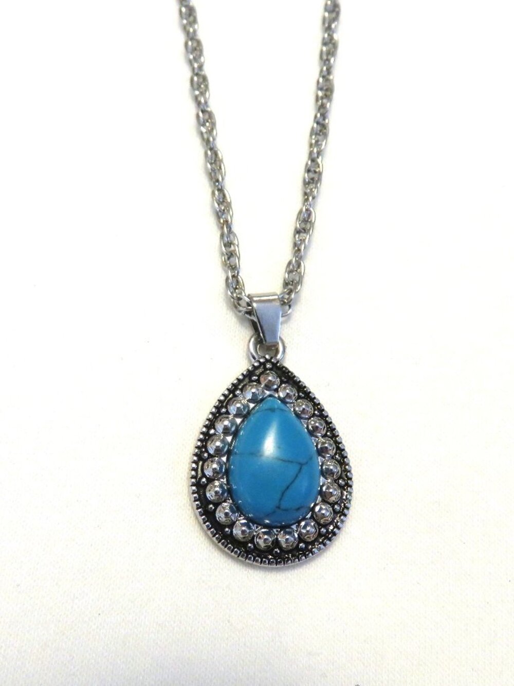 Turquoise Teardrop Silver Tone 18" Wheat Link Chain Necklace